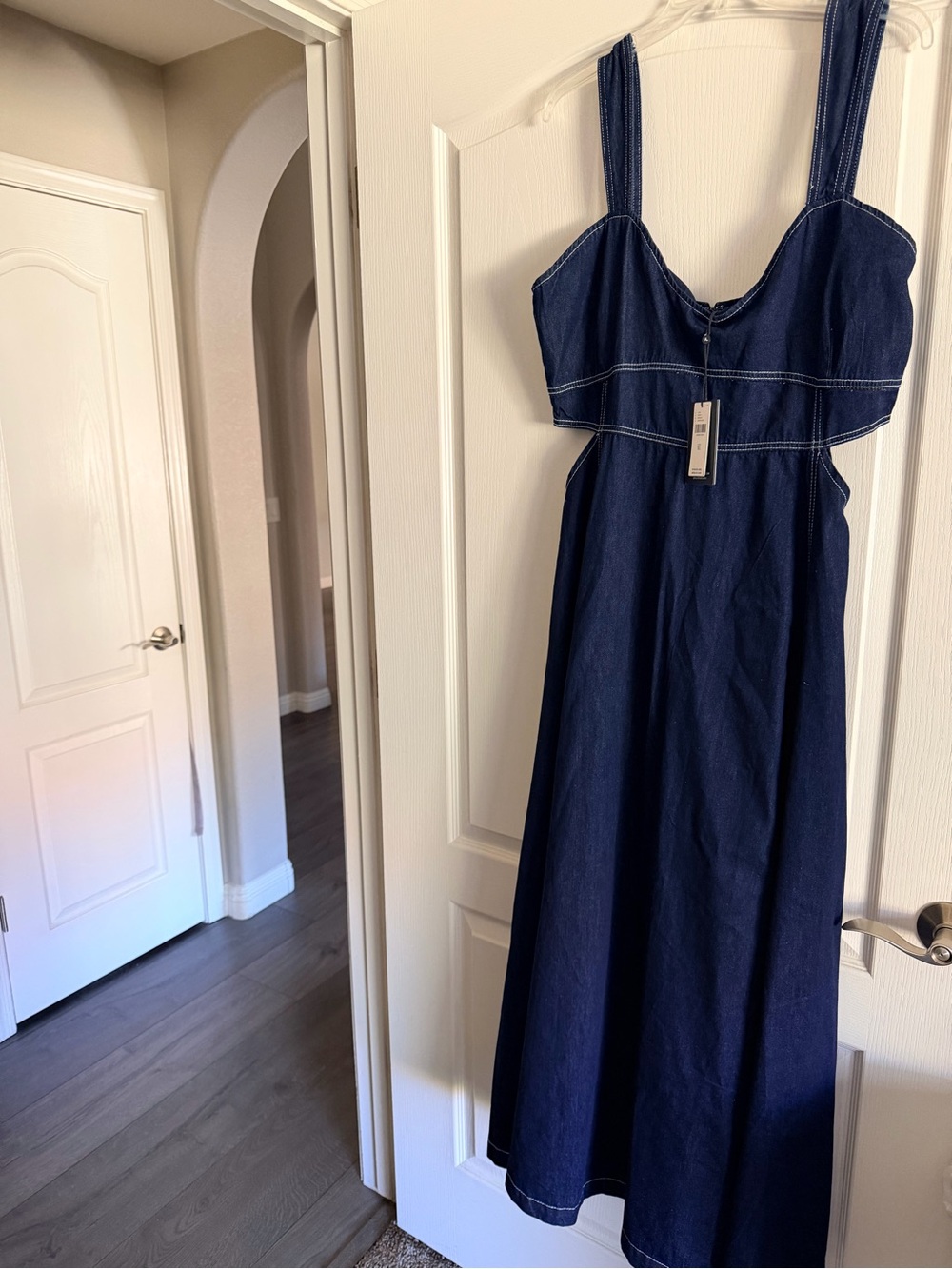 Anthropologie Dark Indigo Denim Maxi Dress with Contrast Stitching - Picture 3 of 3
